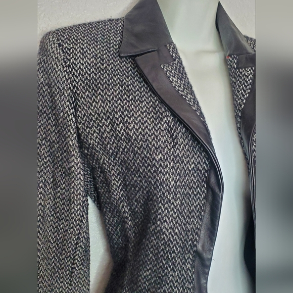 Wool & Genuine Leather Black & Gray Modern Blazer Jacket Notched - Picture 5 of 10